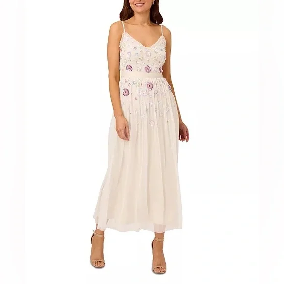 Adrianna Papell Womens Embellished Ruffled Evening Dress Ivory 6 Adrianna Papell Womens Embellished Ruffled Evening Dress Ivory 6